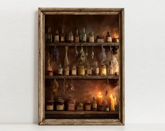Vintage Witch Apothecary Printable Wall Art, Herbal Shelf, Dark Academia Whimsigoth Decor