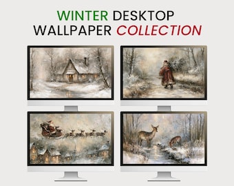 Pode incluir: Uma coleção digital de quatro papéis de parede de inverno para desktop exibidos em monitores de computador. O texto WINTER DESKTOP WALLPAPER COLLECTION está centralizado acima. As imagens mostram uma cabana nevada, uma figura de casaco vermelho, o Papai Noel em um trenó e cervos.