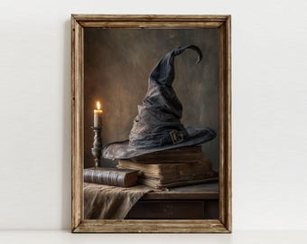 Art mural chapeau de sorcière, impression de sorcière vintage, décoration fantaisie capricieuse, peinture d'Halloween Cottagecore