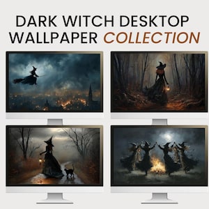 May include: Four computer monitors displaying dark witch-themed desktop wallpapers. The wallpapers depict witches in various scenes: flying on a broom, walking in a forest, and dancing around a fire. The text "DARK WITCH DESKTOP WALLPAPER COLLECTION" is at the top.