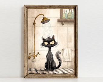 Funny Black Cat Bathroom Wall Art  Print, Toilet Poster Printable, Humorous Pet Decor