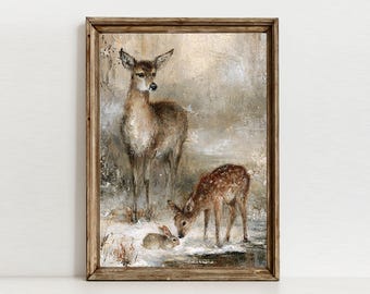 Neutral Woodland Art, Deer Family Print, Snowy Doe Fawn Rabbit Painting, Winter Decor