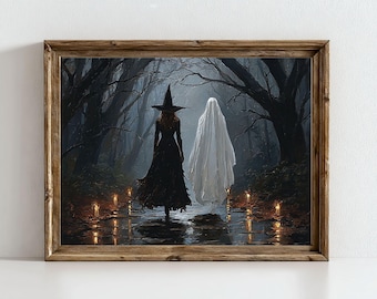 Moody Forest Witch Painting, Gothic Academia Art Print, Misty Woods Printable Art  (Digital Download)