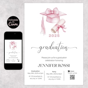 Pink Bow Graduation Invitation Digital | Editable Grad Template | Coquette Graduation Announcement | Grad Party Invite