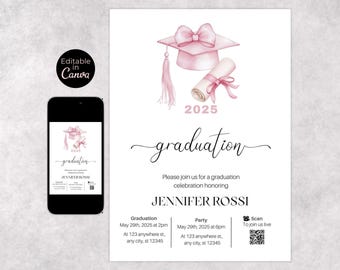 Pink Bow Graduation Invitation | Editable Coquette Template (Digital)