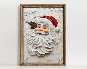 May include: A framed wall art piece featuring a textured, impasto-style painting of Santa Claus. The portrait shows a white beard, a red hat with a white pom-pom, and a sprig of holly with red berries, all set against a cracked, off-white background.