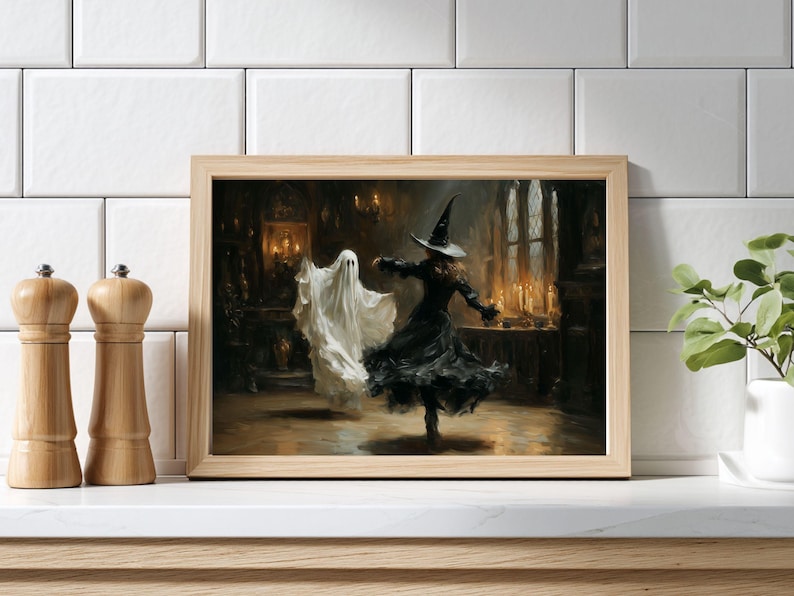 Spökhäxa som dansar, målning, vintage Halloween-väggkonst, Dark Academia-tryck (digital nedladdning) bild 5