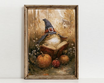 Witch Frog Pumpkin Art Print, Spooky Cottagecore Decor, Textured Artwork Fall Halloween Storybook Printable