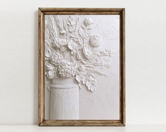 Witte wilde bloemen getextureerde muurkunst, neutrale botanische print, moderne boerderij, afdrukbare digitale download