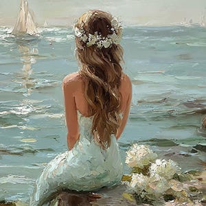 Vintage Coastal Mermaid Painting, Ocean Oil Print, Beachy Wall Art, Coastal Grandma Decor image 9