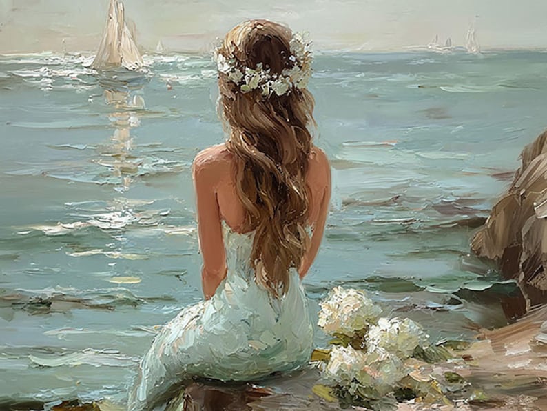 Vintage Coastal Mermaid Painting, Ocean Oil Print, Beachy Wall Art, Coastal Grandma Decor image 9