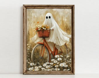oeuvre d'art vintage Ghost Wildflower Meadow - impression de bicyclette Cottagecore - décoration d'automne rustique