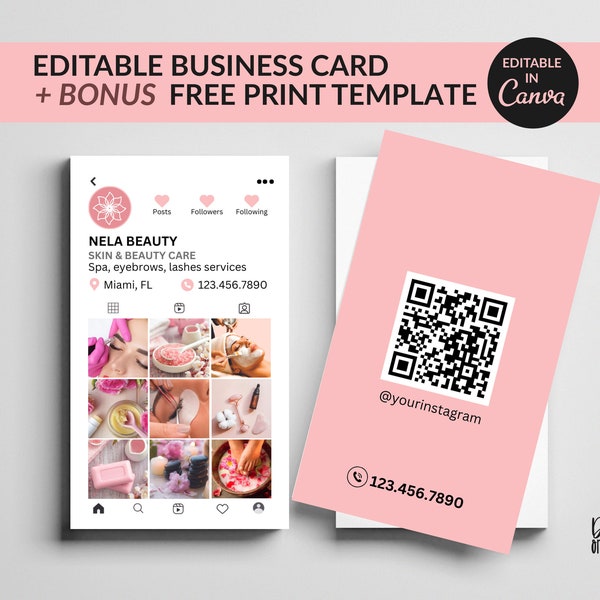 Instagram Business Card, Editable Business Card Template for Business Owners , QR Code Business Card, IG Pink Canva Digital Download