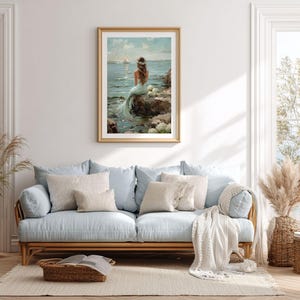 Vintage Coastal Mermaid Painting, Ocean Oil Print, Beachy Wall Art, Coastal Grandma Decor image 2
