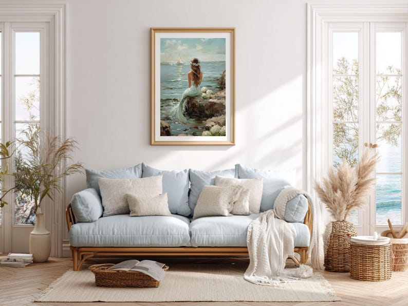 Vintage Coastal Mermaid Painting, Ocean Oil Print, Beachy Wall Art, Coastal Grandma Decor image 2