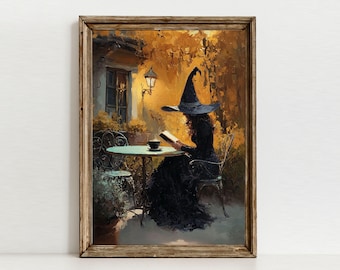 Sorcière lisant l'art, buvant du café d'art, décoration murale d'Halloween imprimable, déprimée de sorcière d'automne vintage