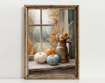 Art mural citrouille bleu neutre, peinture d'automne de mauvaise humeur, impression de ferme d'automne confortable (téléchargement numérique)