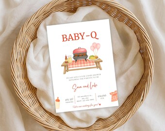 Uitnodiging baby-Q-shower: barbecue in de achtertuin, canvassjabloon (digitale download)