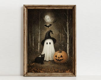 Ghost Witch Art Print – Black Cat Halloween Forest – Dark Academia Decor