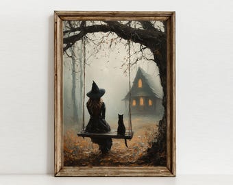 Poster Dark Academia, impression sorcière cottagecore, tableau chat noir, art mural forêt lunatique