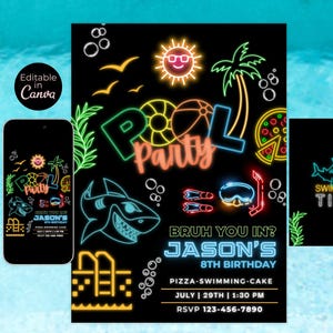 Invito per festa in piscina con ragazzo al neon, invito di compleanno luminoso, festa in piscina estiva, festa in piscina con pizza, tema del fratello, festa in piscina della scuola, stampabile