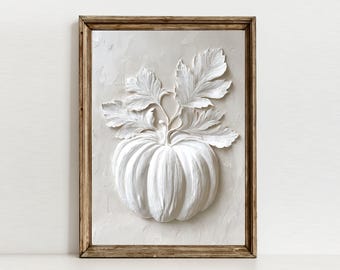 Muurkunst witte pompoen met textuur, biologisch Japandi herfstdecor (digitale download)