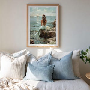 Vintage Coastal Mermaid Painting, Ocean Oil Print, Beachy Wall Art, Coastal Grandma Decor image 6