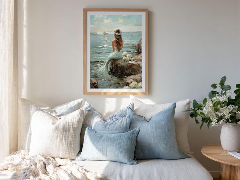 Vintage Coastal Mermaid Painting, Ocean Oil Print, Beachy Wall Art, Coastal Grandma Decor image 6