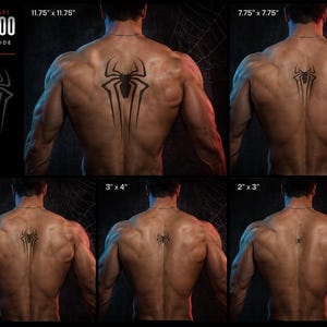 May include: A temporary tattoo size guide featuring a black spider graphic. The image displays five variations of the spider design applied to a back, with dimensions labelled as 11.75" x 11.75", 7.75" x 7.75", 4" x 6", 3" x 4", and 2" x 3".