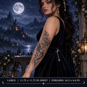 May include: A black temporary tattoo featuring an intricate, swirling floral and vine design applied to a forearm. The sheet measures 29.85 by 29.85 cm, with the tattoo design measuring 41.91 by 16.76 cm, as indicated by the printed text.