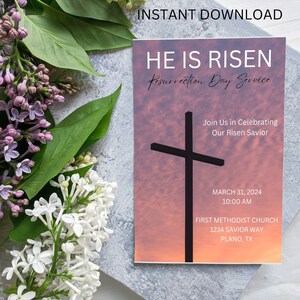 He is Risen Invitation|Resurrection Sunday Invite|Easter Invitation Printable|Easter Sunday Service| Editable Easter Invite Template