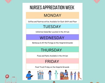 Krankenschwester Wertschätzung Woche Vorlage bearbeitbar | Nurse Week Flyer Vorlage, druckbarer Stundenplan, Poster für die Wertschätzung des Personals