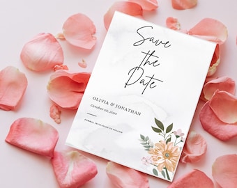 May include: Save the Date card with a floral design and the text "Olivia & Jonathan" and "October 02, 2024".