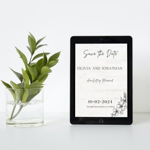 Réservez la date florale minimaliste | Modèle de mariage modifiable et imprimable | Cartes de réservation neutres | Papeterie de mariage numérique moderne