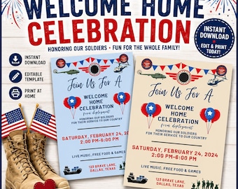 Sjabloon uitnodiging militaire thuiskomst|Militaire Welcome Home-uitnodiging|Uitnodiging implementatie retourfeest|Bewerkbare Welcome Home-feestuitnodiging