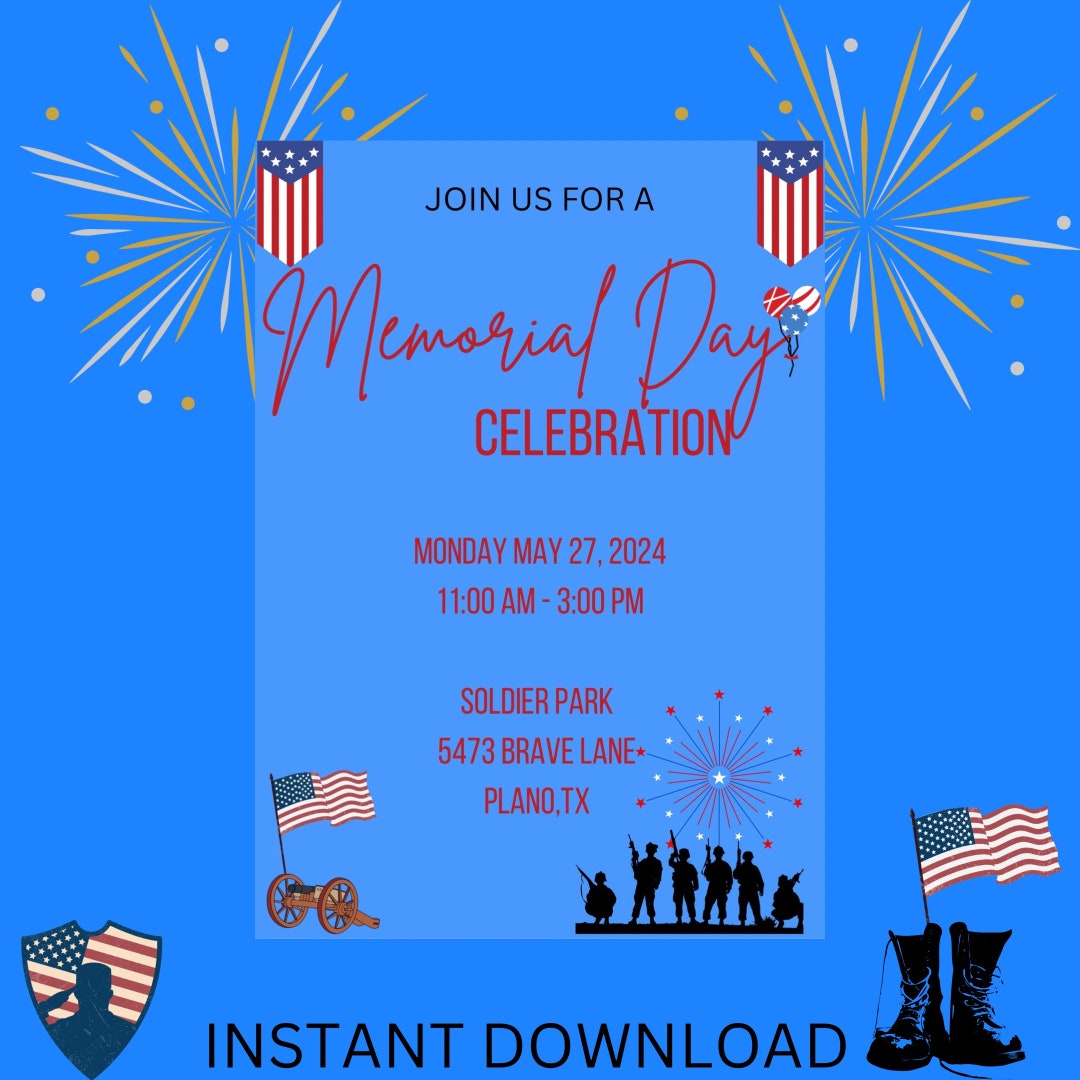 Memorial Day BBQ Invitation Template: Red, White, and Blue (printable ...