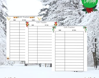 May include: Three printable Christmas gift tracker lists with headings "Name", "Gift Idea", and "Budget". The lists are decorated with Christmas-themed illustrations, including bells, holly, and reindeer.