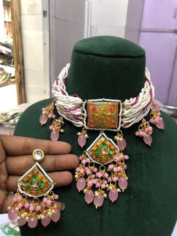 Pink Kundan Necklace, Rajsathani jewelry, Indian jewelry, Sabyasachi  Wedding Necklace, Engagement Necklace,Wedding set, Kundan choker