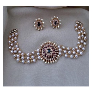 Pearl Necklace, Indian Jewelry, Indian Choker Necklace, Necklace, Temple Jewelry, Gold Necklace, Indian Studs, Ruby Green Choker Set