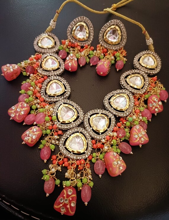 Pink Bridal AD Necklace Set Kundan Necklace Indian jewelry Kundan  layered necklace Kundan Rani haar Sabyasachi jewelry