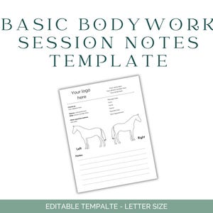 May include: A printable template for horse bodywork session notes. The template includes space for the horse's name, date, owner information, and a diagram of the horse's body with areas for notes on the left and right sides.