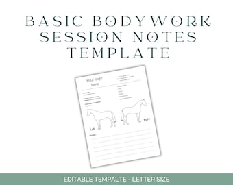 Peut inclure: Un modèle imprimable pour les notes de séance de travail corporel du cheval. Le modèle comprend un espace pour le nom du cheval, la date, les informations du propriétaire et un schéma du corps du cheval avec des zones pour les notes sur les côtés gauche et droit.