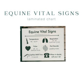 Peut inclure: Tableau laminé intitulé "EQUINE VITAL SIGNS" avec des informations sur la santé équine. Comprend la température en degrés Fahrenheit, le pouls, la respiration, les bruits intestinaux et le temps de remplissage capillaire. Avec un appel à l'action : "En cas de doute, appelez votre vétérinaire."