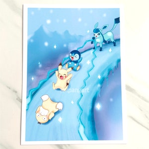 Fun Happy Ice Slide Print | Kawaii Room Decor | Wall Poster Wall Art | Winter Pkmn Art Print