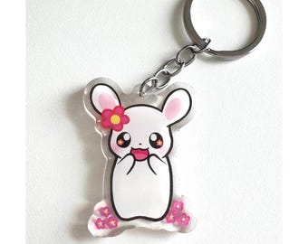 Bunny on Flower Field Acrylic Keychain｜Keychain Gift for Animal Bunny Lovers Cherry Blossom｜Acrylic Keychains 2"｜Couple Matching Charm Set