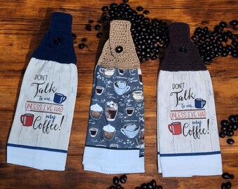 Coffee-Themed Kitchen Crochet-Topped Towels -2 Styles Available