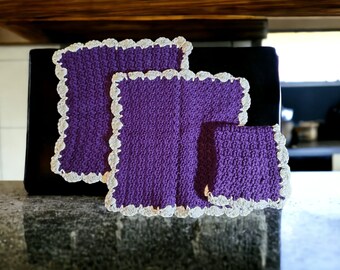 10"x10" Set of 3 Crochet Wash Cloths 100% Cotton