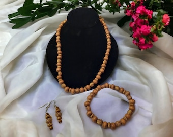Wooden Bead-Bracket/Necklace w/Earrings Set
