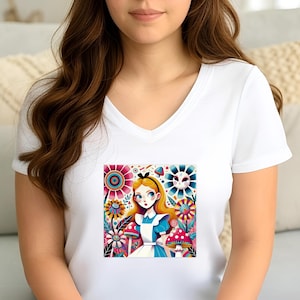Alice in Wonderland Shirt | Womens V-Neck Bright Flowers Semi-fitted TShirt, Wonderland Inspired Tee | Alicia Maravillas | Ethically Sourced