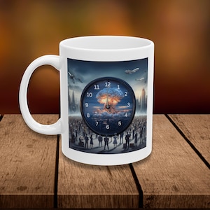 May include: White ceramic mug with a graphic of a clock face with a mushroom cloud in the center. The clock face is set to 12:00 and the numbers are black. The background is a cityscape with people standing in front of the clock.
